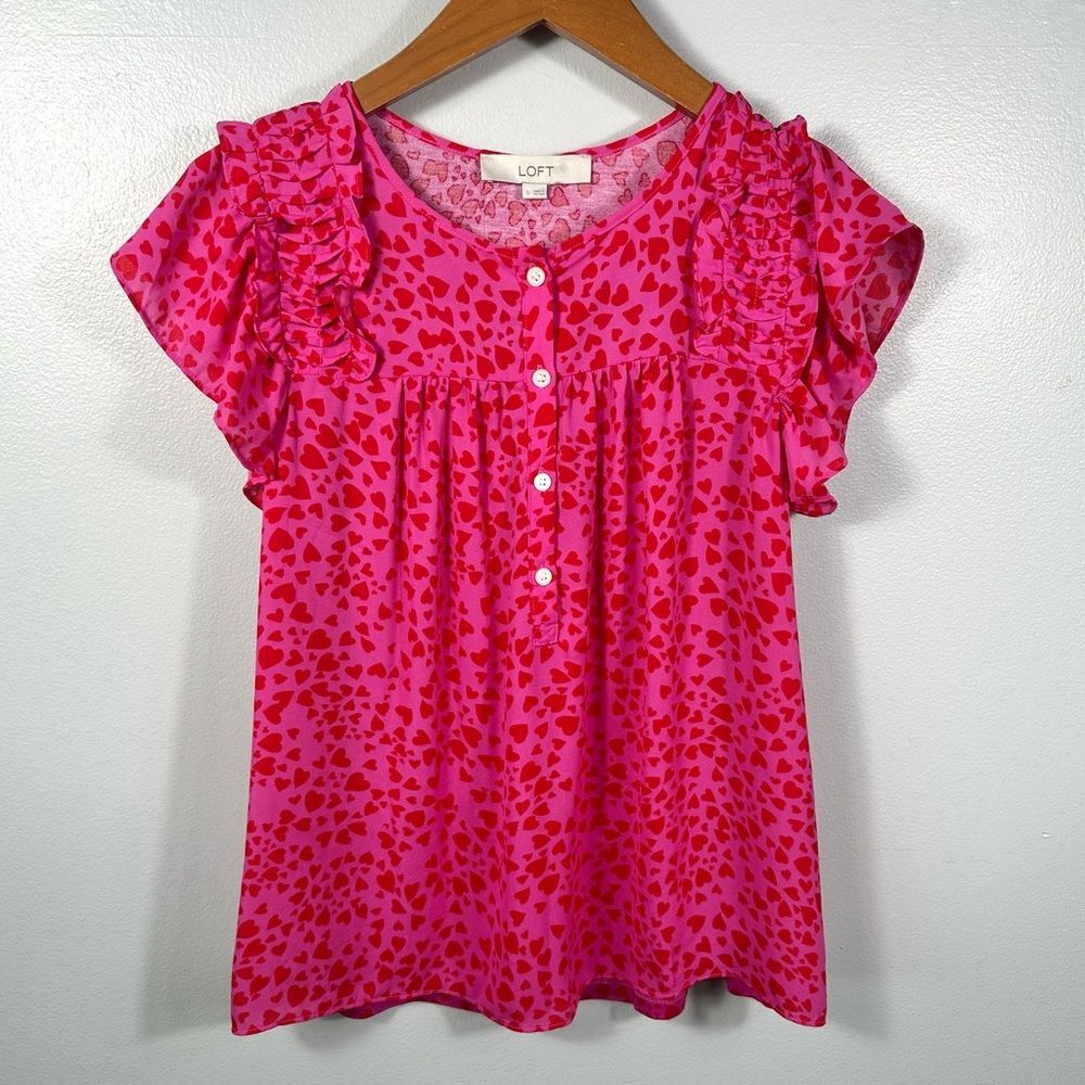 LOFT Heart Ruffle Flutter Sleeve Blouse NWT Size Small Pink Red Barbiecore Date